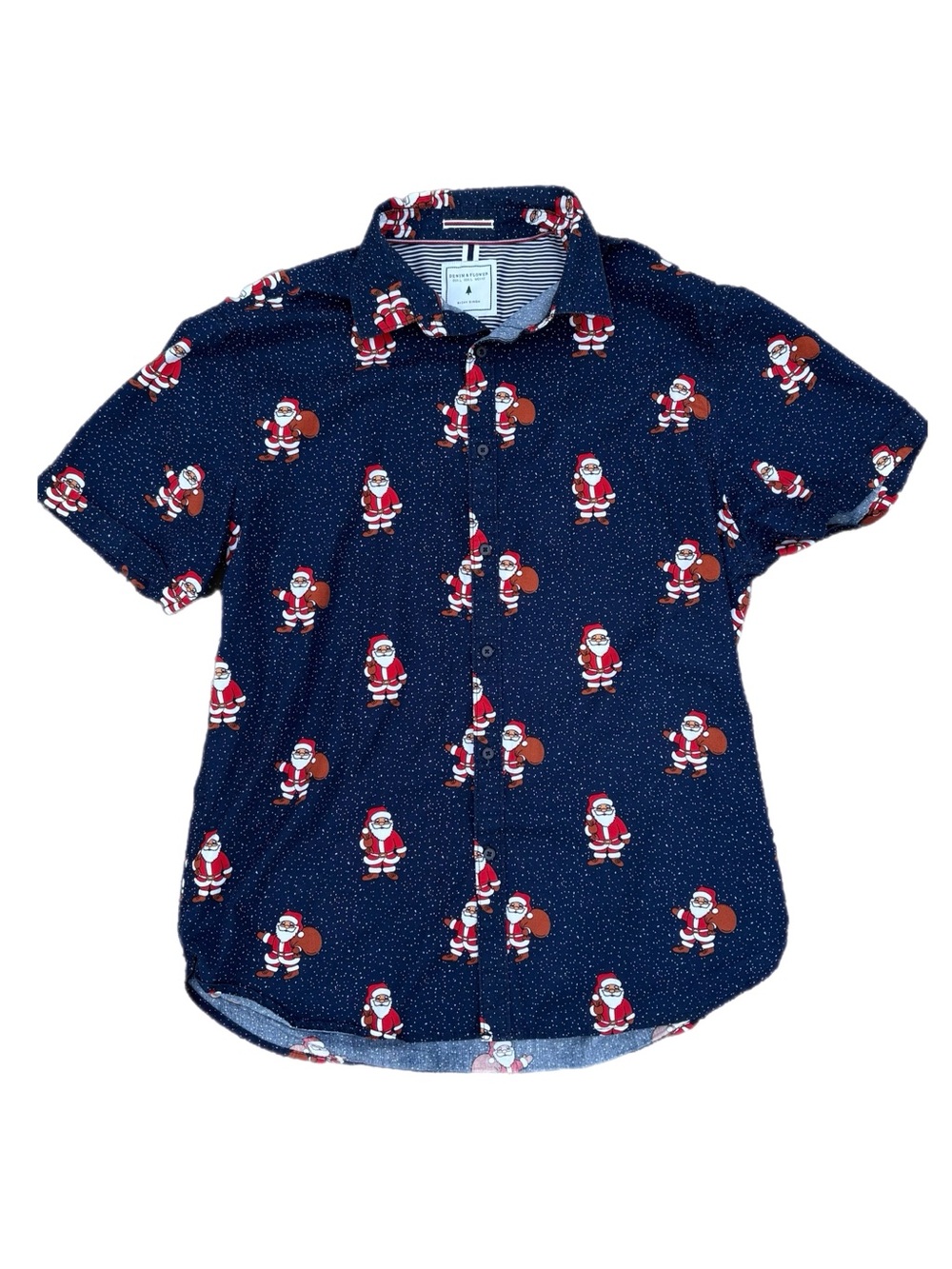 Denim & Flower | Button Front Christmas Santa Claus Print Short Sleeve Shirt